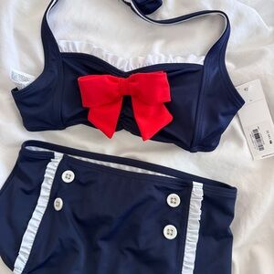 Janie and Jack 2 piece swim Navy Bikini Set with Red Bow